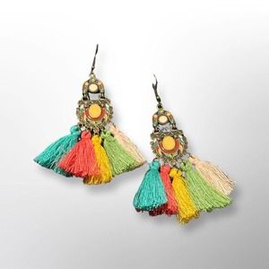 Antique Style Metal Earrings With  Multicolored Tassel